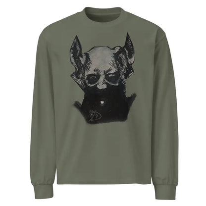 Olive green premium long sleeve shirt featuring Sinister Embrace graphic design