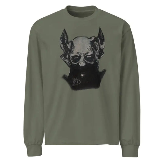 Olive green premium long sleeve shirt featuring dog in sunglasses graphic design