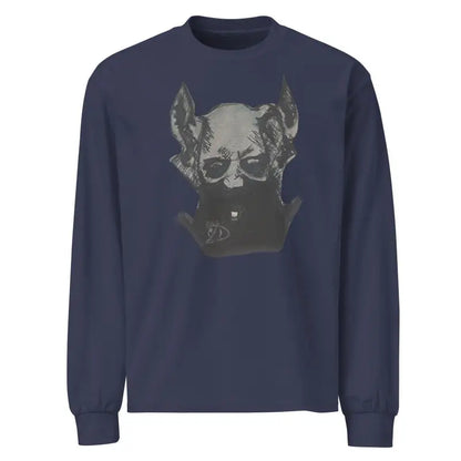 Navy blue premium long sleeve shirt featuring a dog in sunglasses graphic design