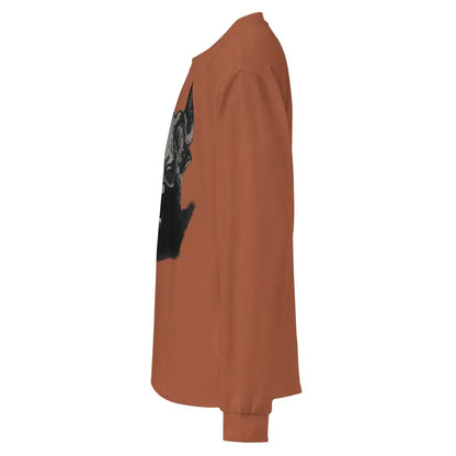 Rust-colored premium long sleeve shirt featuring black graphic design on the sleeve