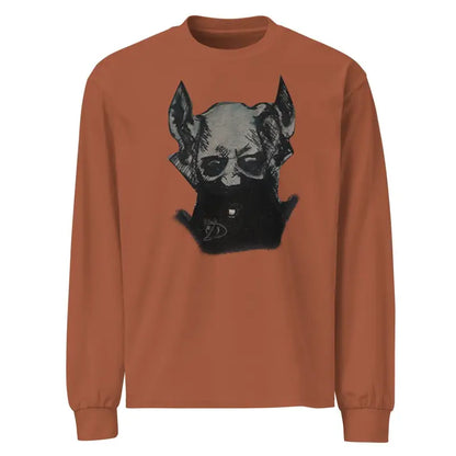 Rust-colored premium long sleeve shirt featuring dog in sunglasses graphic design