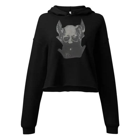 Black hooded sweatshirt featuring sinister figure design and dropped shoulder cut