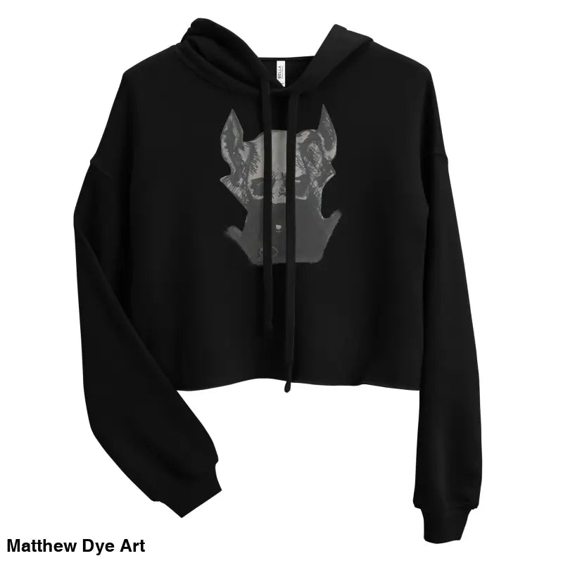 Black cropped hoodie featuring sinister figure design and dropped shoulder cut
