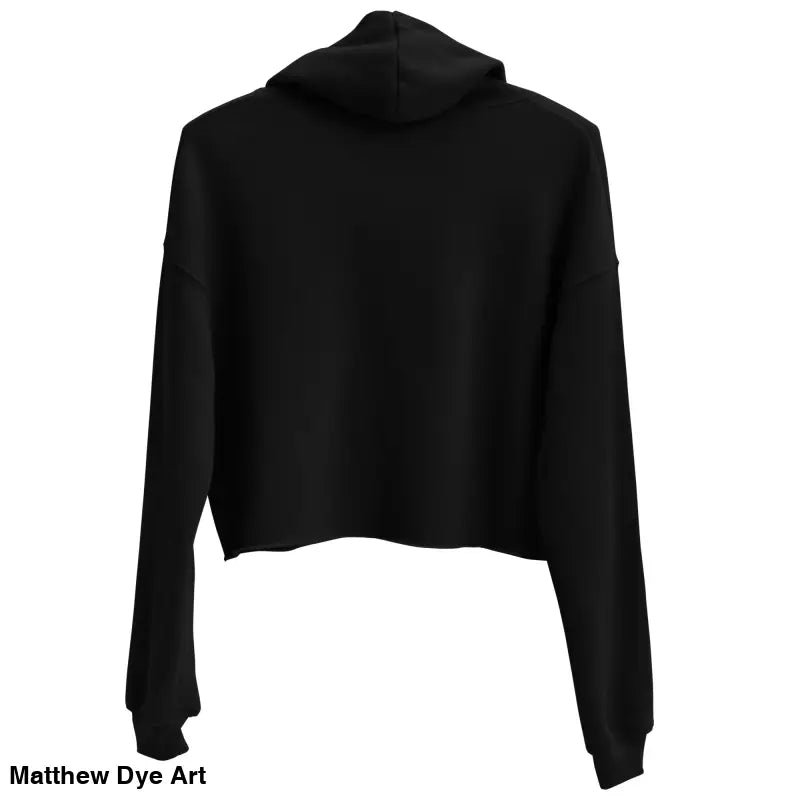 Black cropped hoodie featuring sinister figure design and dropped shoulder cut
