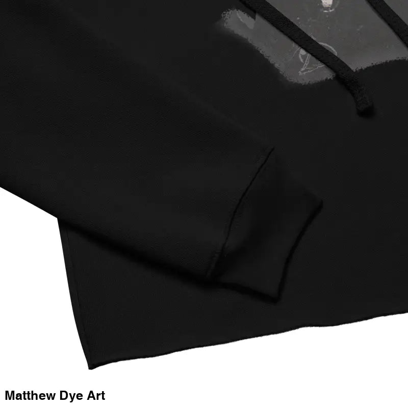 Black cropped hoodie featuring sinister figure design and dropped shoulder cut