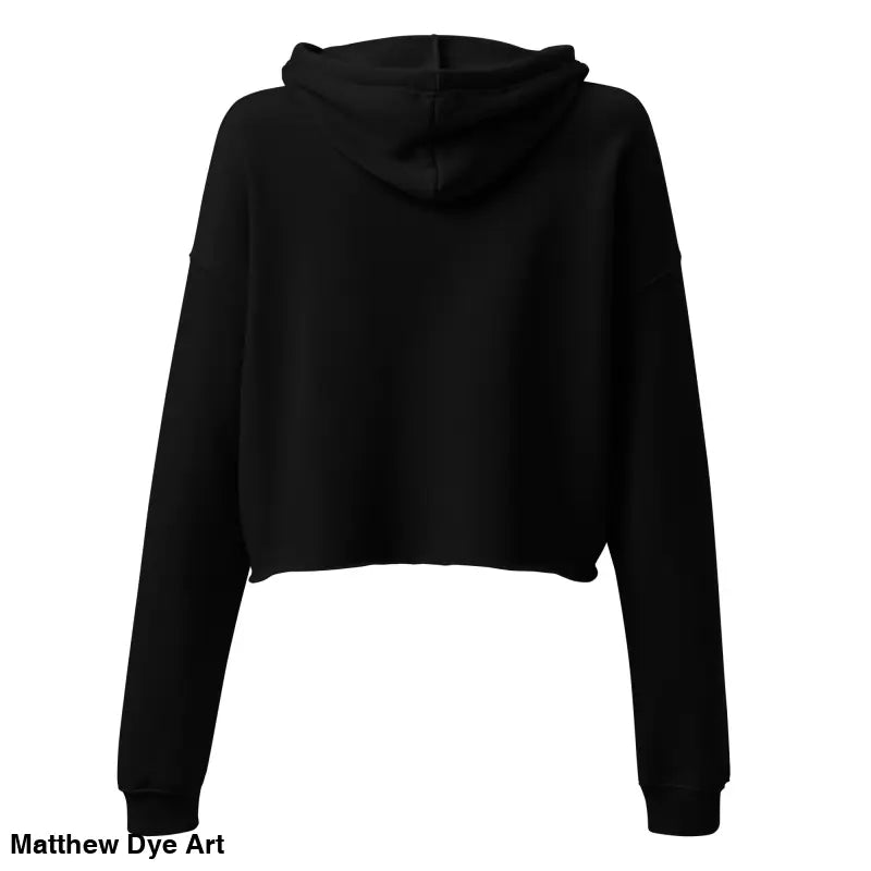 Black cropped hoodie featuring sinister figure design and dropped shoulder cut