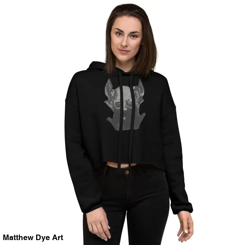 Black cropped hoodie featuring Sinister Figure design with exaggerated pointed ears