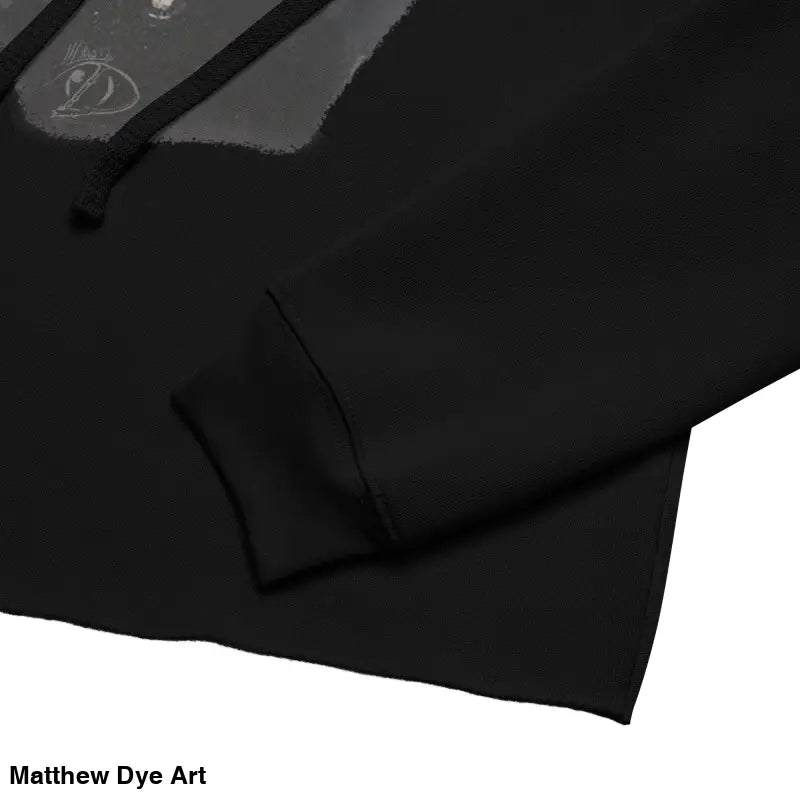 Black cropped hoodie featuring a sinister figure design and dropped shoulder cut