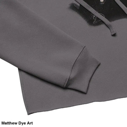 Gray cropped hoodie sleeve featuring sinister figure design with dropped shoulder cut