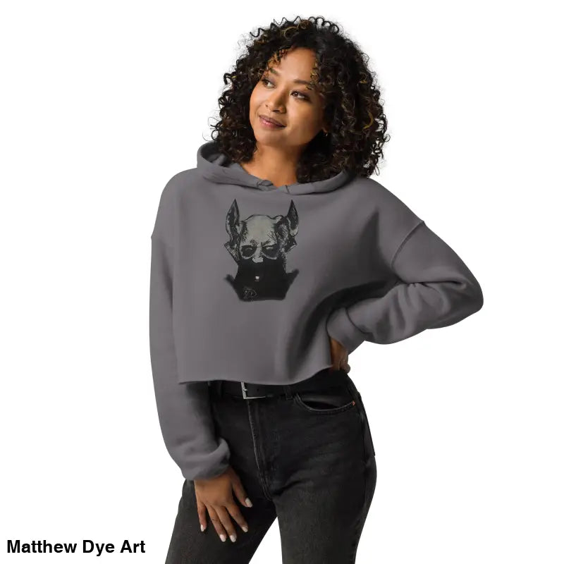 Gray cropped hoodie featuring a sinister figure design with exaggerated pointed ears