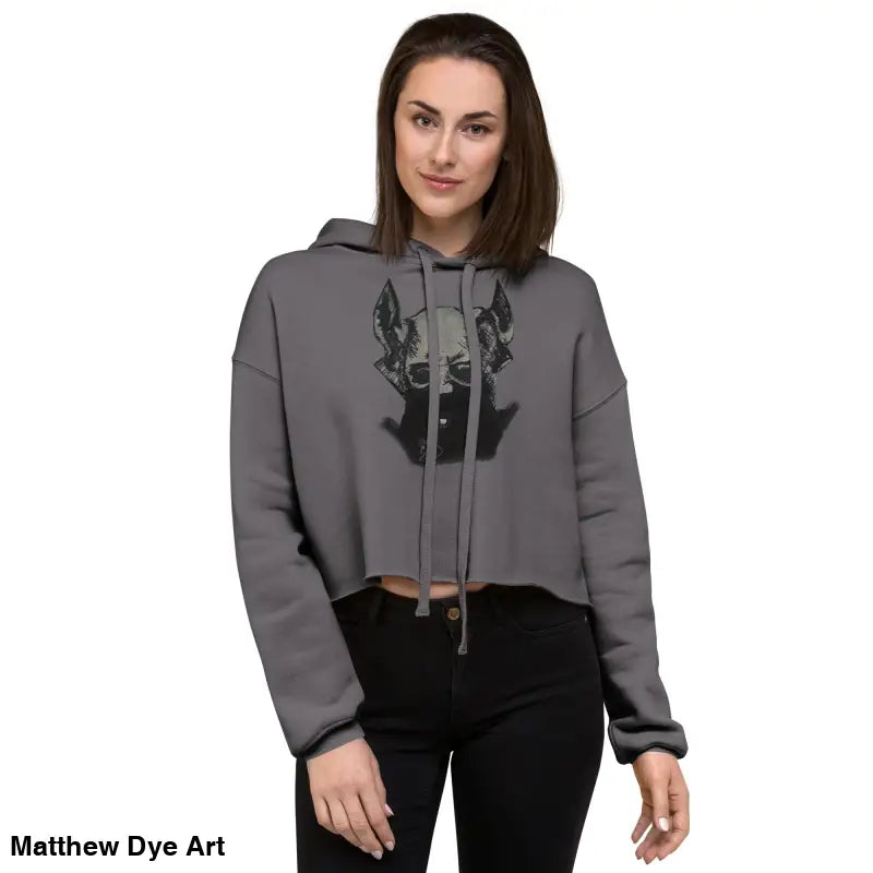 Gray cropped hoodie featuring a sinister figure design with exaggerated pointed ears