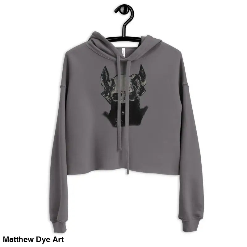 Gray cropped hoodie featuring a sinister figure design and exaggerated pointed ears
