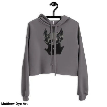Gray cropped hoodie featuring a sinister figure design and exaggerated pointed ears