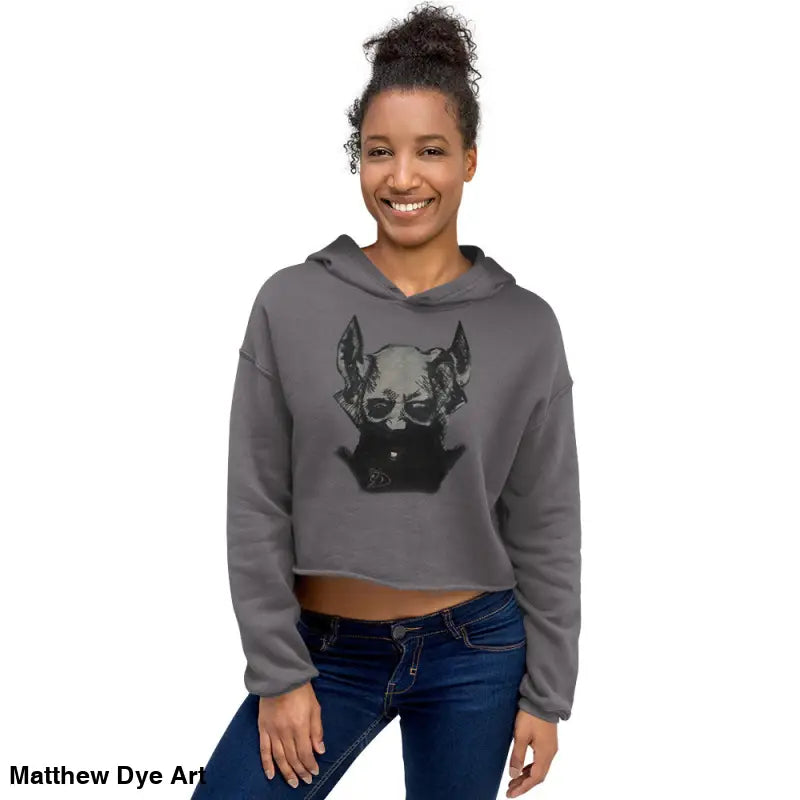 Gray cropped hoodie featuring sinister figure design and exaggerated pointed ears