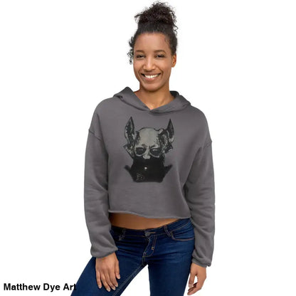Gray cropped hoodie featuring sinister figure design and exaggerated pointed ears