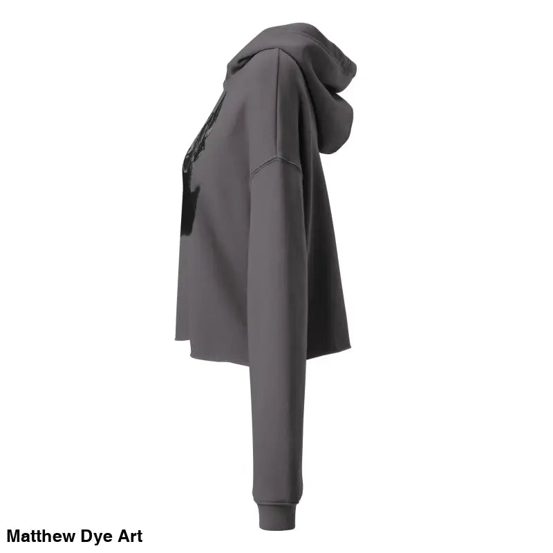 Gray cropped hoodie featuring Sinister Figure design with exaggerated pointed ears and dropped shoulder cut
