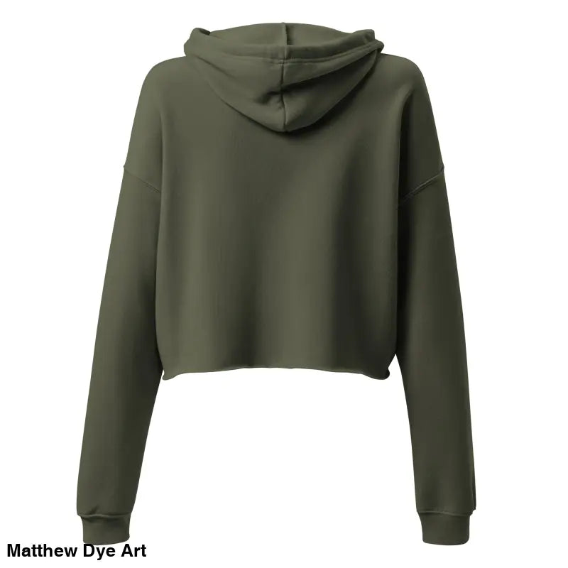 Olive green cropped hoodie featuring sinister figure design and dropped shoulder cut