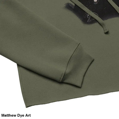 Olive green hoodie sleeve featuring a dropped shoulder cut and sinister figure design