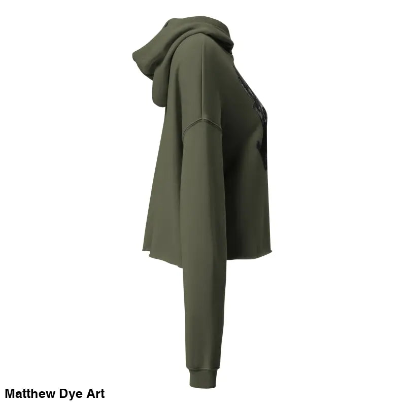Olive green cropped hoodie featuring sinister figure design and dropped shoulder cut