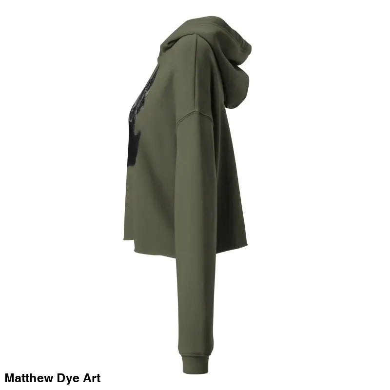 Olive green cropped hoodie featuring sinister figure design and dropped shoulder cut