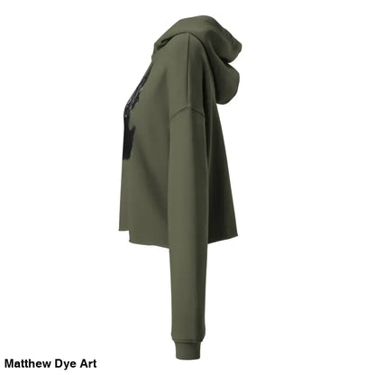 Olive green cropped hoodie featuring sinister figure design and dropped shoulder cut