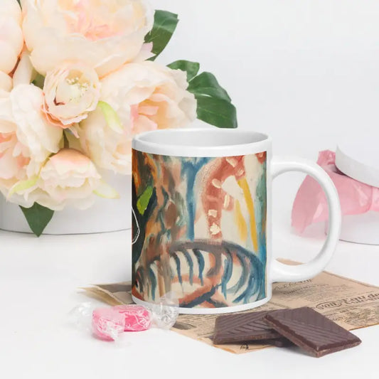 Ceramic mug with abstract blue, brown, and yellow design for the Voynich Ceramic Mug