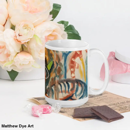 White ceramic Voyager mug with abstract watercolor design for botanical coffee and tea