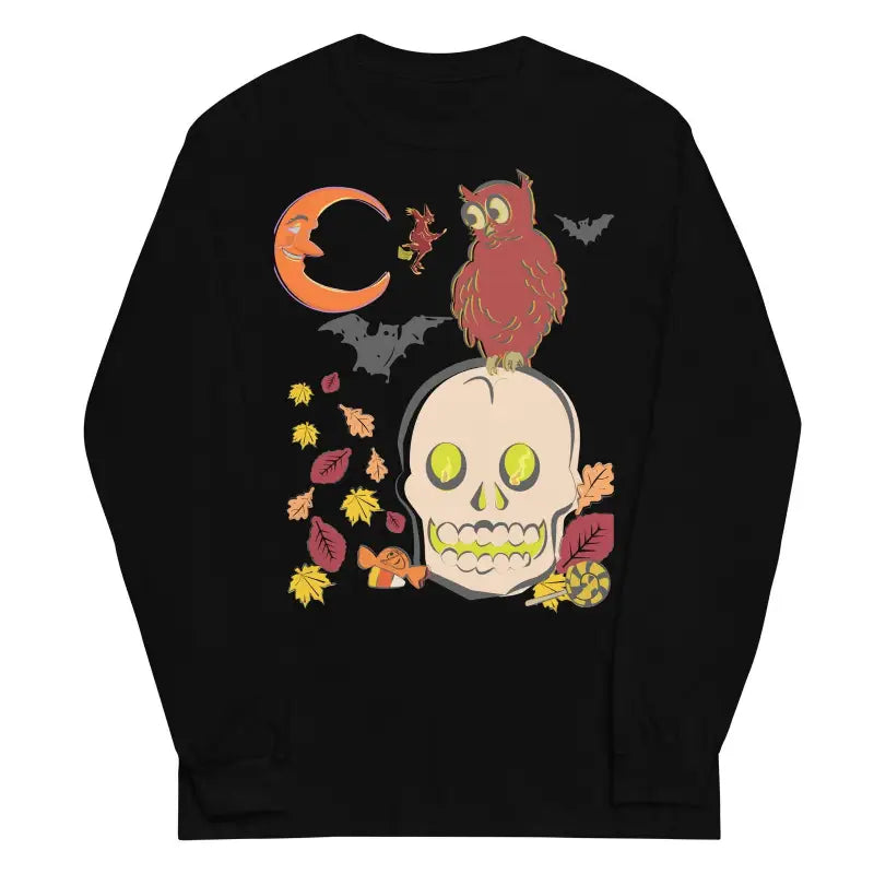 Black unisex long sleeve featuring Matthew Dye art with a skull owl Halloween design