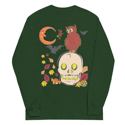 Forest green unisex long sleeve shirt featuring Matthew Dye art with skull, owl, bats, and moon