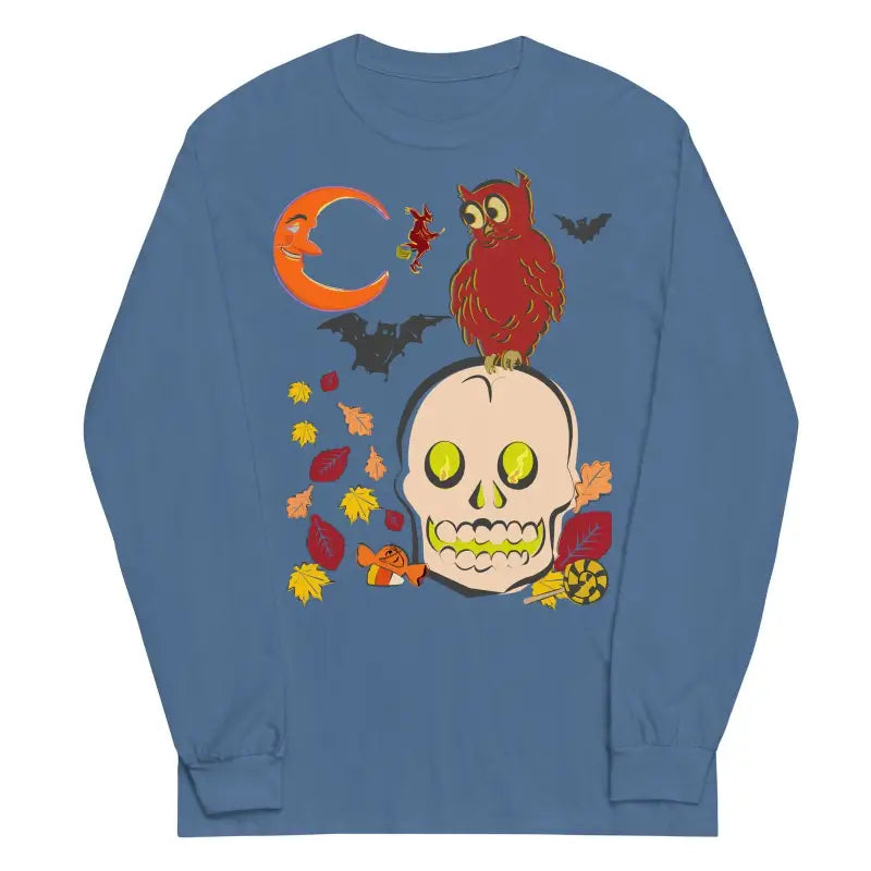 Blue comfortable soft unisex long sleeve t-shirt featuring Halloween owl and skull design