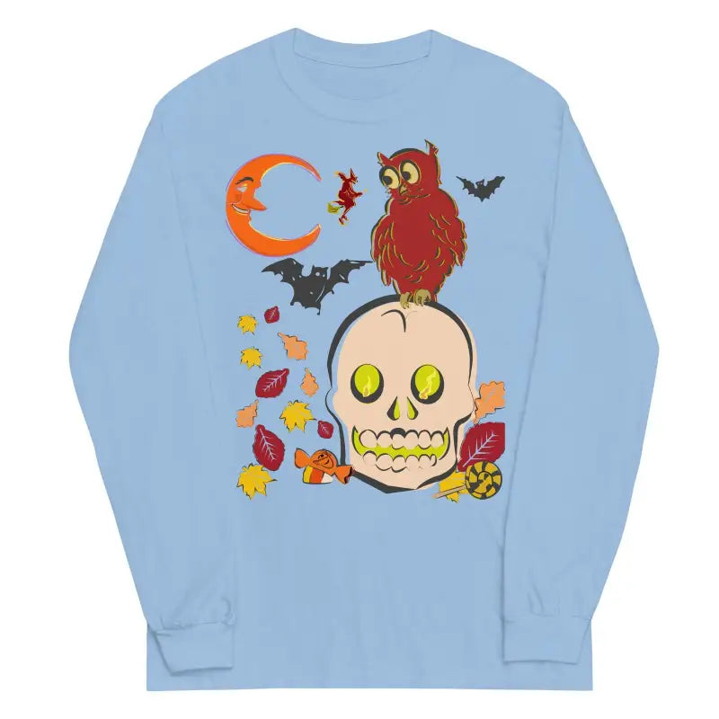 Light blue comfortable soft unisex long sleeve t-shirt with skull and owl Halloween design