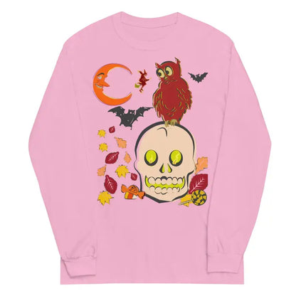 Pink comfortable soft unisex long sleeve t-shirt with skull and owl Halloween artwork