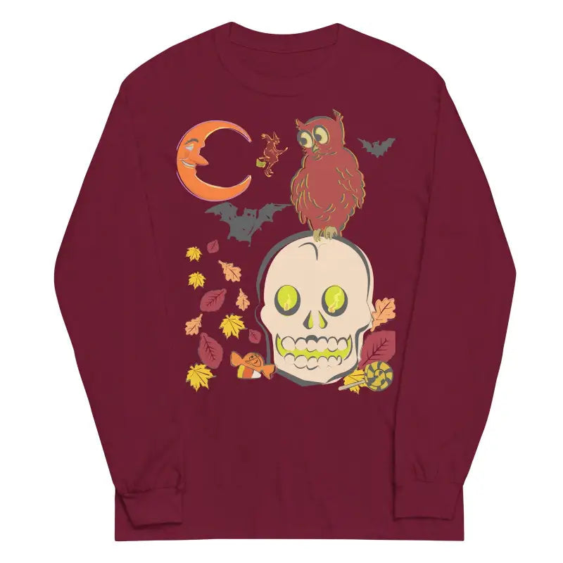 Burgundy comfortable soft unisex long sleeve t-shirt with owl and skull Halloween design