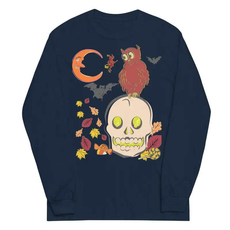 Navy blue unisex long sleeve featuring Matthew Dye art with Halloween-themed skull owl design