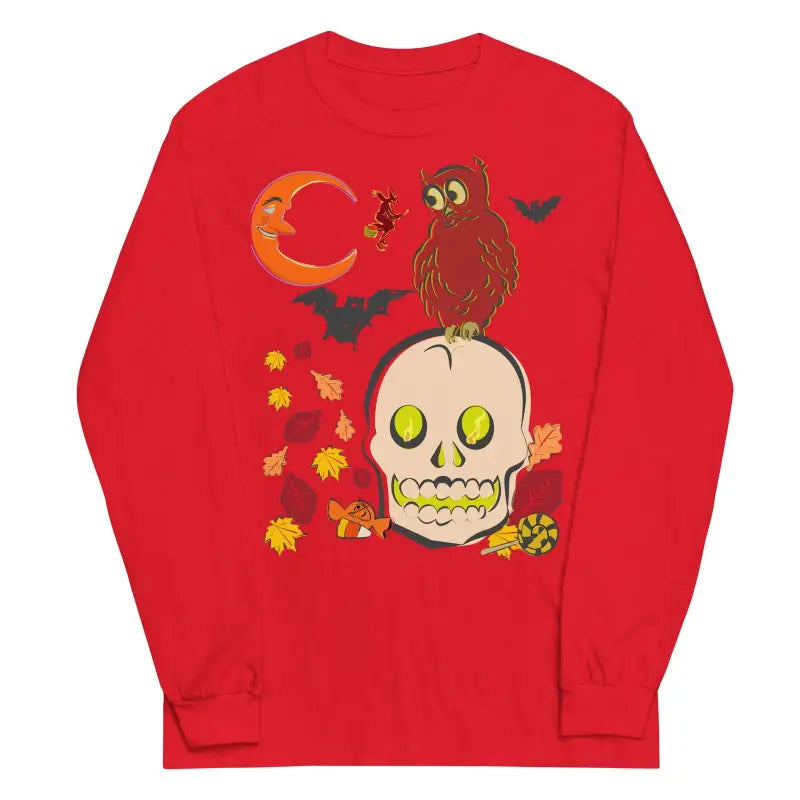 Red unisex long sleeve featuring Matthew Dye art of skull owl, bats, and autumn leaves