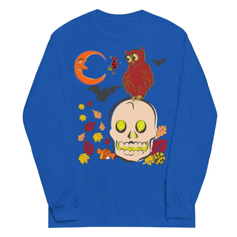 Royal blue comfortable soft unisex long sleeve t-shirt with an owl, skull, and Halloween design