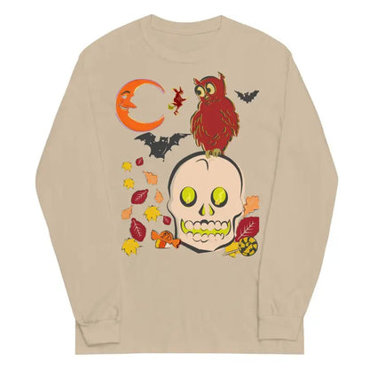 Beige comfortable soft unisex long sleeve t-shirt featuring skull and owl Halloween artwork