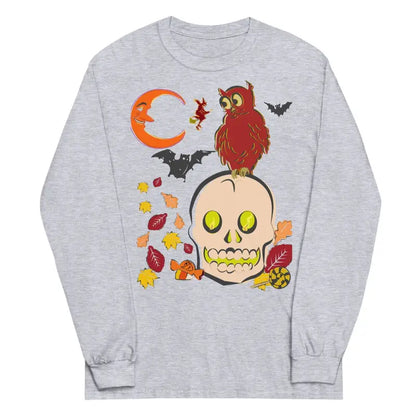 Grey unisex long sleeve shirt featuring Matthew Dye art with skull owl and Halloween design