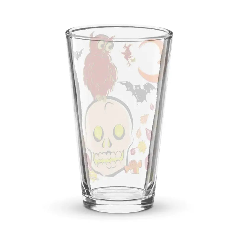 Clear drinking glass featuring a decorative skull and bat design for enchanting sips