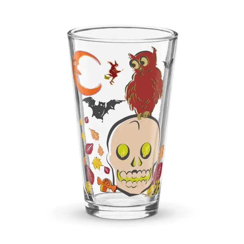 Clear Halloween-themed Skull & Owl Shaker Pint Glass for enchanting sips