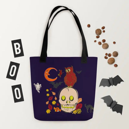 Purple tote bag with Halloween skull, owl, moon, and leaves for enchanting autumn adventures