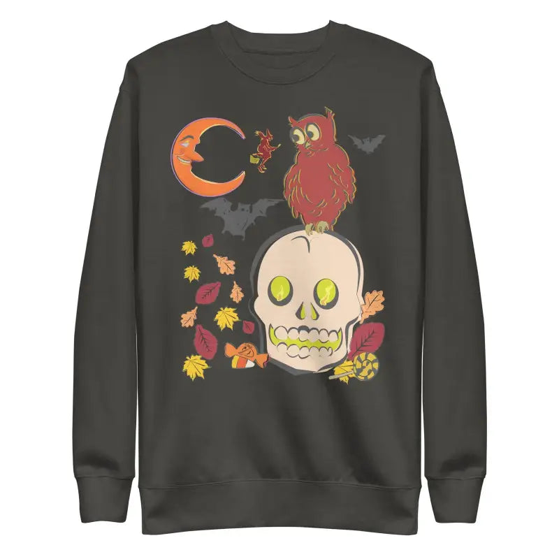 Dark gray Skull & Owl unisex premium sweatshirt with Halloween artwork and autumn leaves