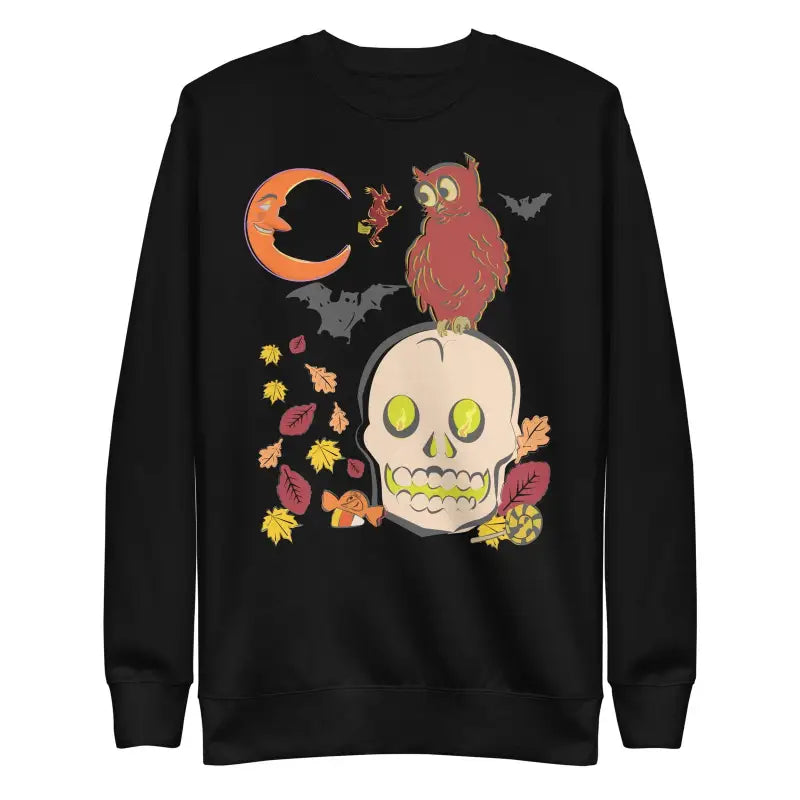 Black Skull & Owl unisex premium sweatshirt with Halloween artwork and autumn themes