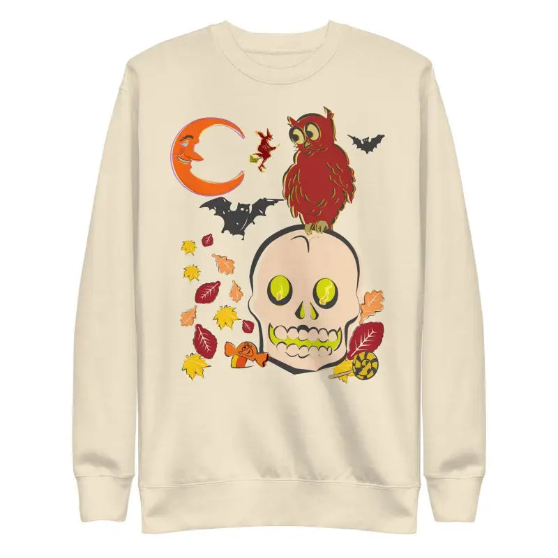 Cream sweatshirt with Halloween skull owl design for modern comfort and style