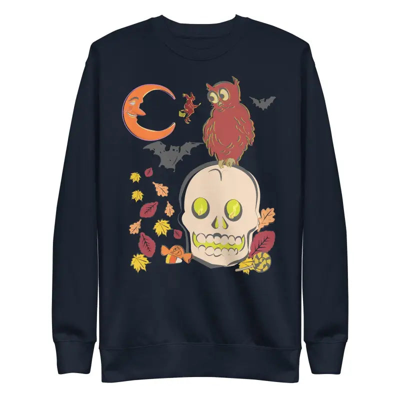 Navy blue Skull & Owl unisex sweatshirt featuring a vintage Halloween design with an owl