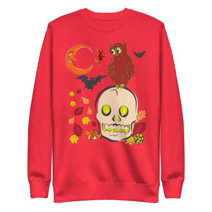 Skull Owl Unisex Premium Sweatshirt with Halloween design of skull, owl, and bats