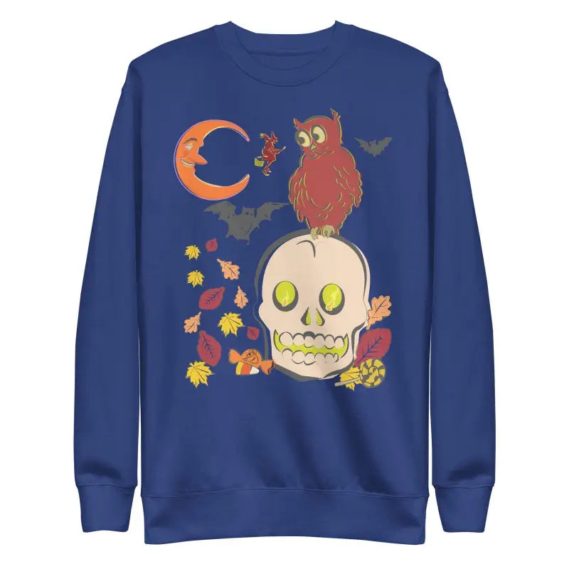 Navy blue Skull Owl Unisex Premium Sweatshirt with Halloween design and autumn leaves