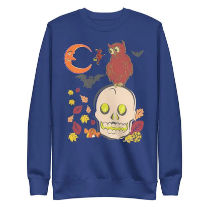 Navy blue Skull & Owl unisex sweatshirt with Halloween design, featuring owl on skull