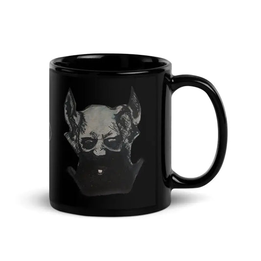 Black glossy mug featuring a stylish dog in sunglasses, perfect for morning java