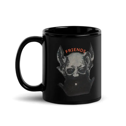 Black glossy mug featuring a demonic design with horns and ’FRIENDS’ in red for morning java